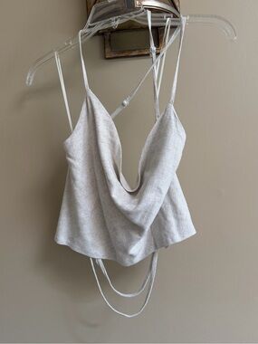 Draped Cowl Neck Linen-Blend Cami Top in Natural